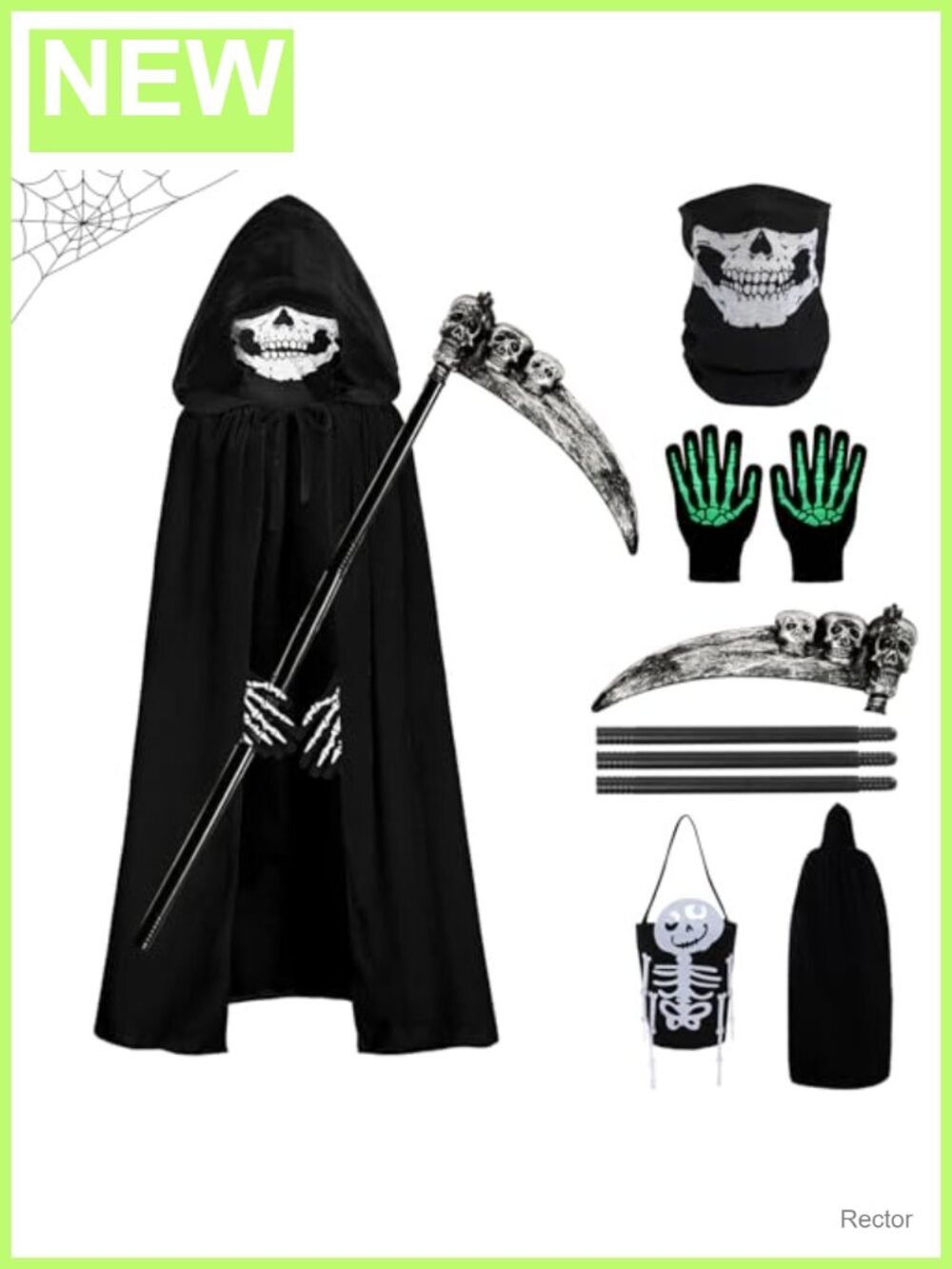 Grim Reaper Costume Set 5pc Hooded Velvet Robe Scythe Skull Mask Gloves